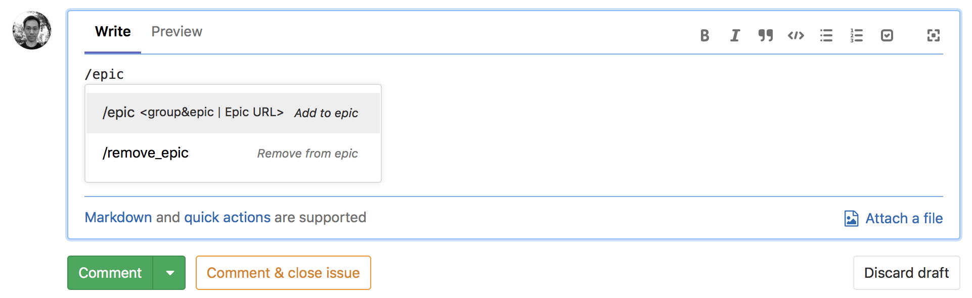 Quick action to add issue to epic (from issues)