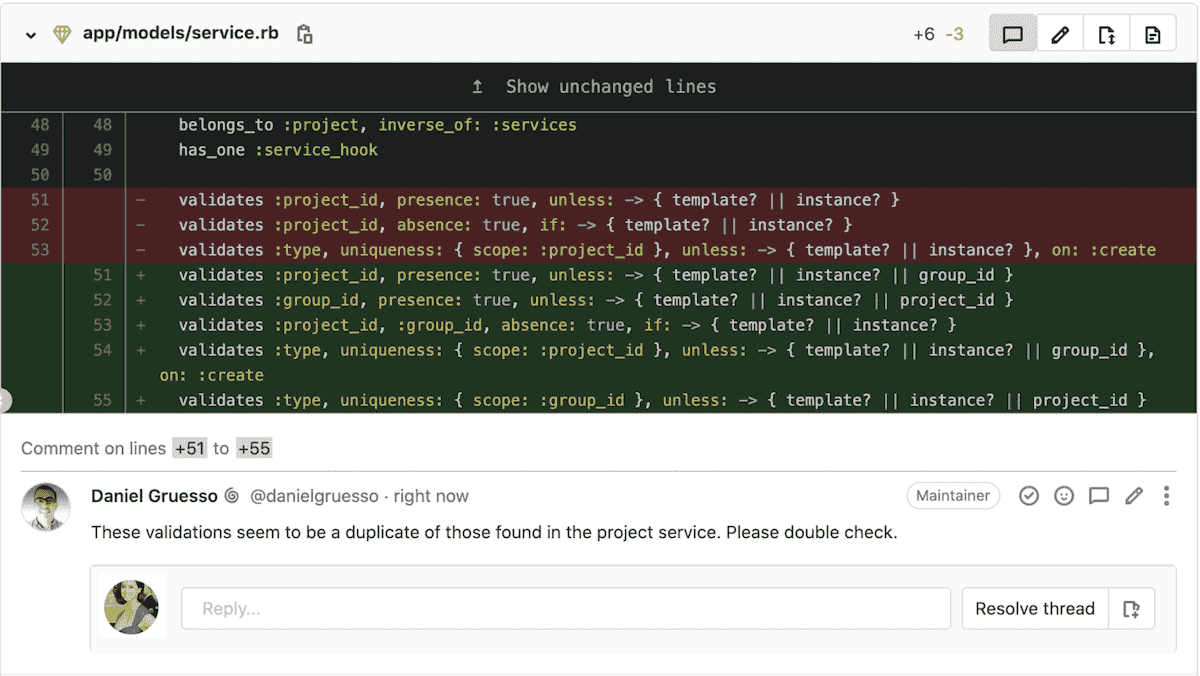 Multi-line comments for merge requests