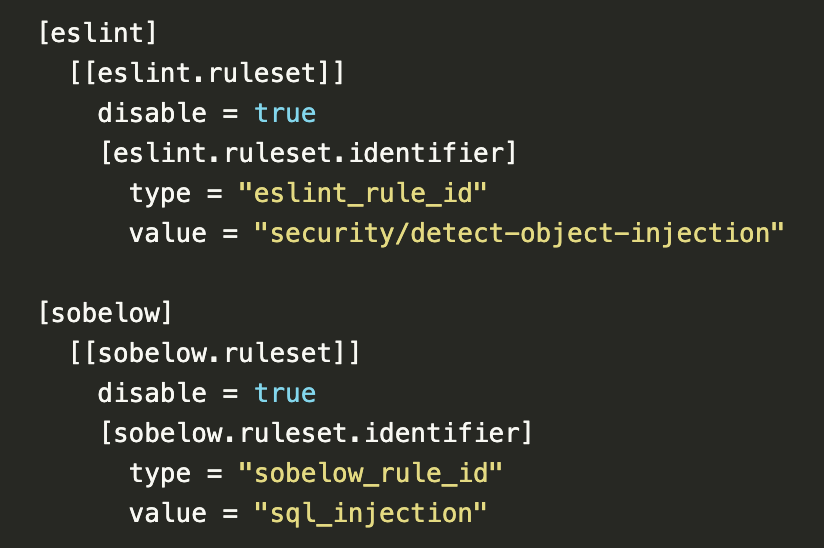 Support for disabling pre-existing SAST rules