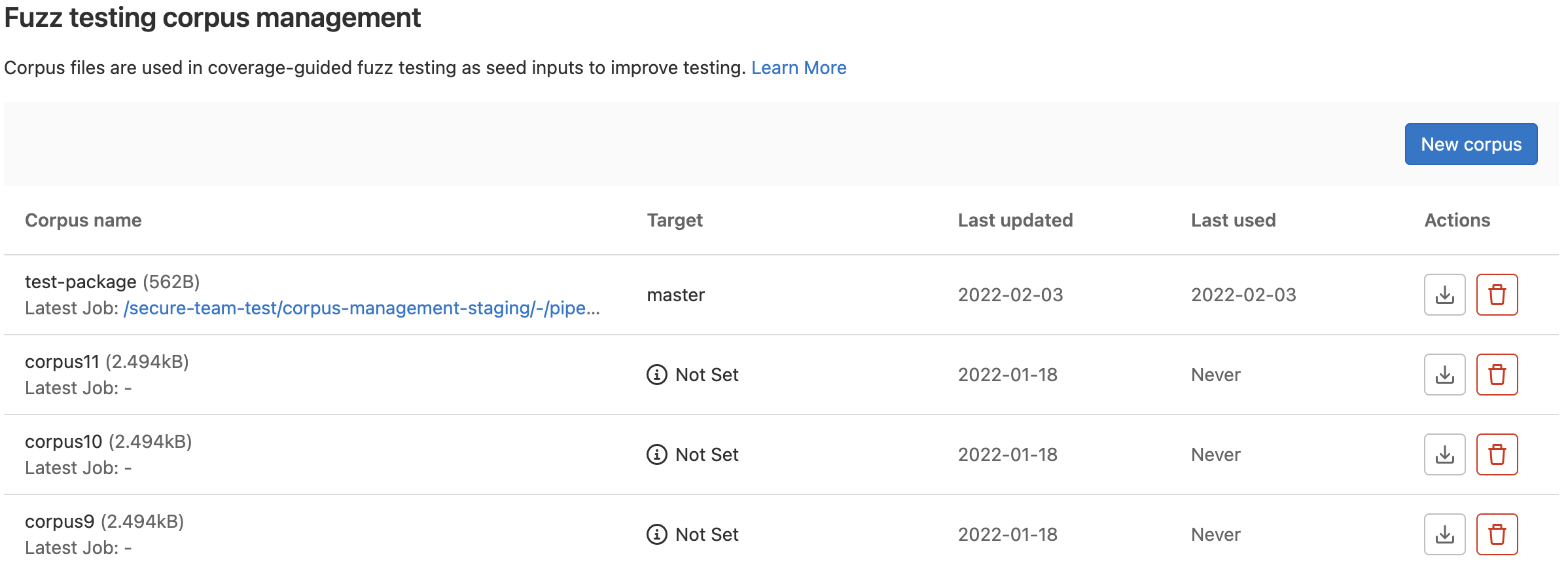 Coverage-guided fuzz testing corpus management