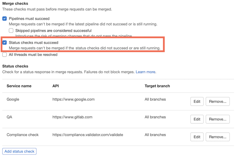 Block merges unless external status checks pass