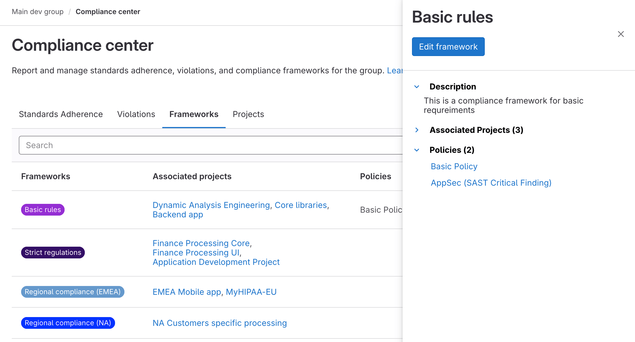 Display linked Security Policies in Compliance Frameworks