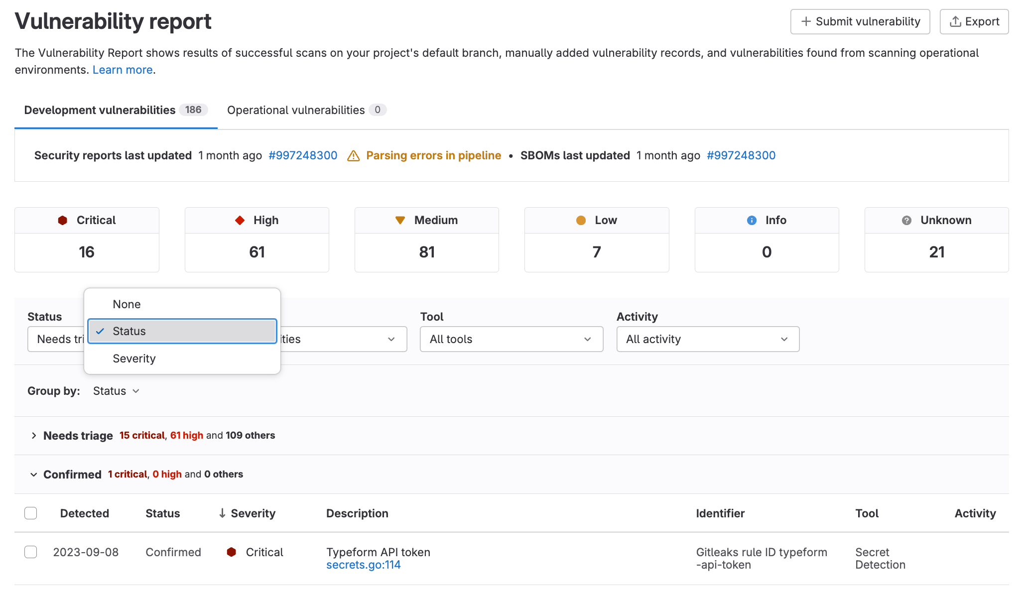 Vulnerability report grouping by status and severity