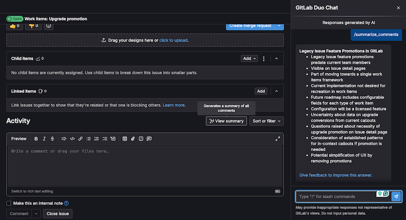 Summarize issue discussions with GitLab Duo Chat