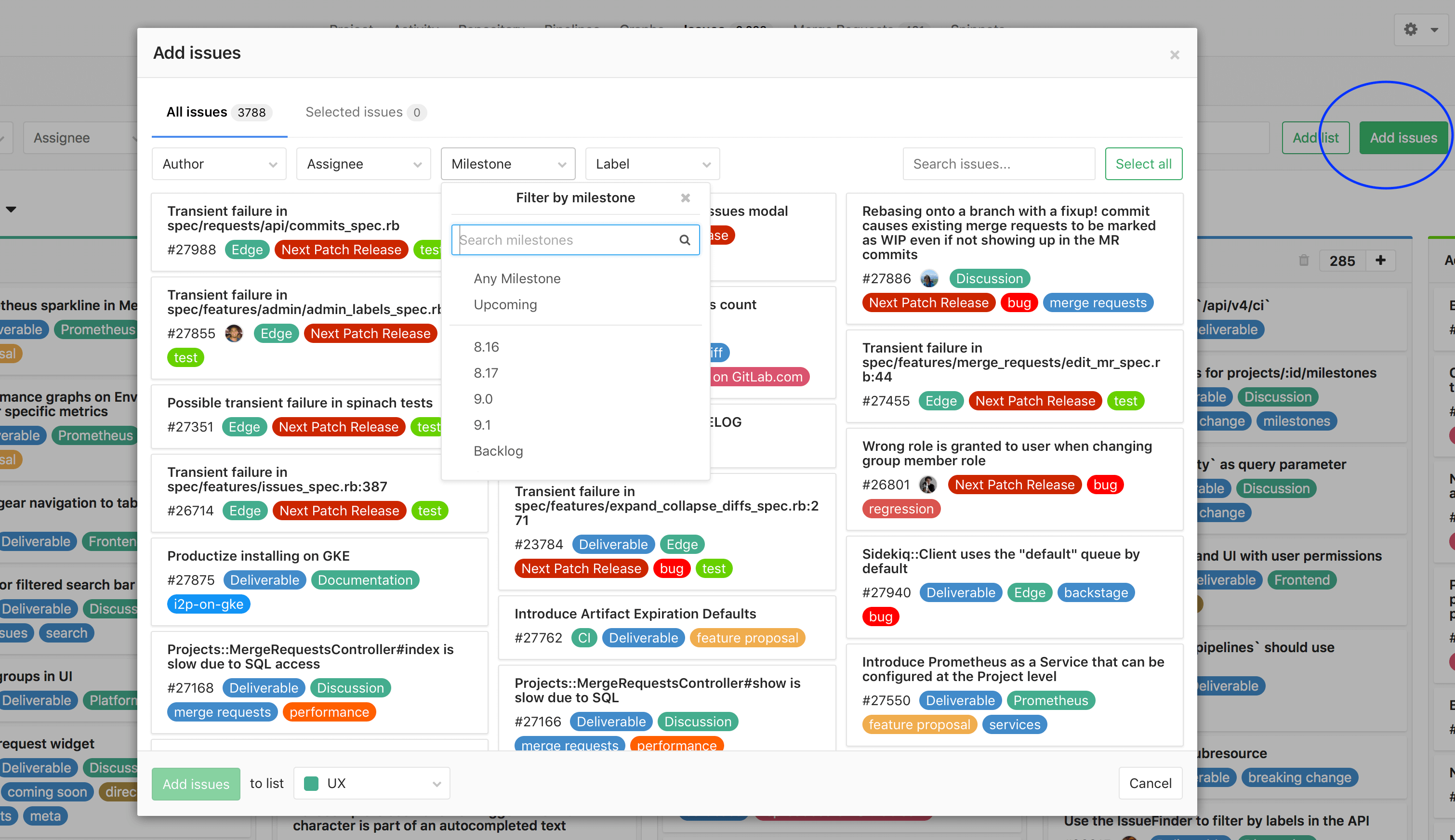 Add issues modal in board in GitLab 8.17